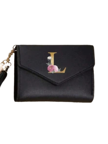 1个女士折叠短款钱包，黑色PU皮革材质，印有A-Z字母和粉色牡丹花图案，可爱女孩零钱包，时尚女士卡包迷你流苏钱包，防水便携，大容量，可存放信用卡、身份证、现金等，适合商务、休闲、大学、工作、通勤等场合，也可作为教师节礼物。 - 彩色 - 查看 21