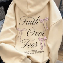 Winter Clothes For Women"Faith Over Fear" Christian Bible Verse Jesus Christ Graphic Print Pullover Sweatshirt, Suitable For Airport, Fall Fits, Back To School Women's Solid Color Long Sleeve Pocket Relaxed Fit Hoodie Sweatshirt, Casual Fall Clothes For WomenLoose And Comfortablechristmas Outfit Women Thanksgiving - 杏色 - 查看 12