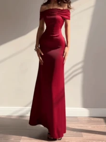 女士夏季露肩系带优雅派对连衣裙，酒红色，适合情人节、约会、聚会、派对、旅行、度假、海滩等场合 - 酒紅色 - 查看 3