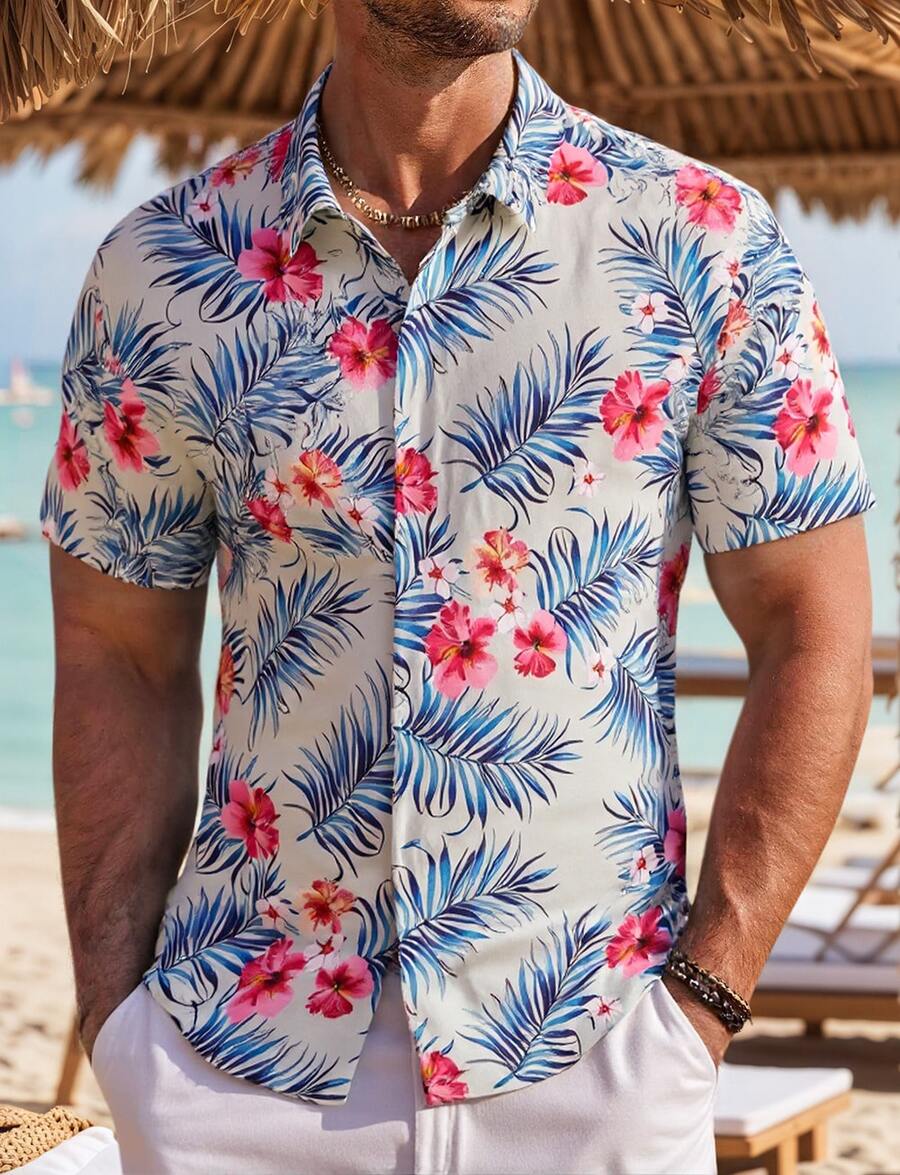 Hawaiian Shirt For Man Short Sleeve Button-Down Vintage Tropical Floral Print, Lightweight Breathable Summer Beach Shirt For Casual Vacation - Q - 查看 1