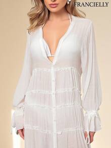 Long-Sleeved White Dress With Lace Detailing, Versatile And Elegant, One Size Fits 38-42. - Blanco - Ver 1