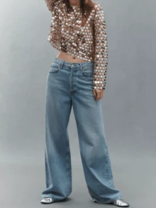 Women's Y2k Round Sequin Tops Oversized Sheer Mesh Base Loose Silhouette Crew Neck Long Sleeve Blouse Retro Glitter Party Nightclub Aesthetic Clothes - 卡其色 - 查看 4