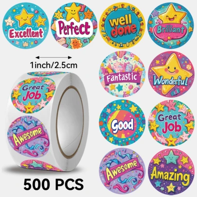 JOERBABU the little kangaroo Bobbie 500pcs/Roll Motivational Star Pattern Decorative Stickers, 2.5cm Round Self-Adhesive Labels For Kitchen Storage Jars, Baking Goods Packaging, 10 Minimalist Patterns, Practical Decor