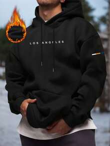 男士秋冬极简黑色连帽衫，洛杉矶风情，长袖上衣