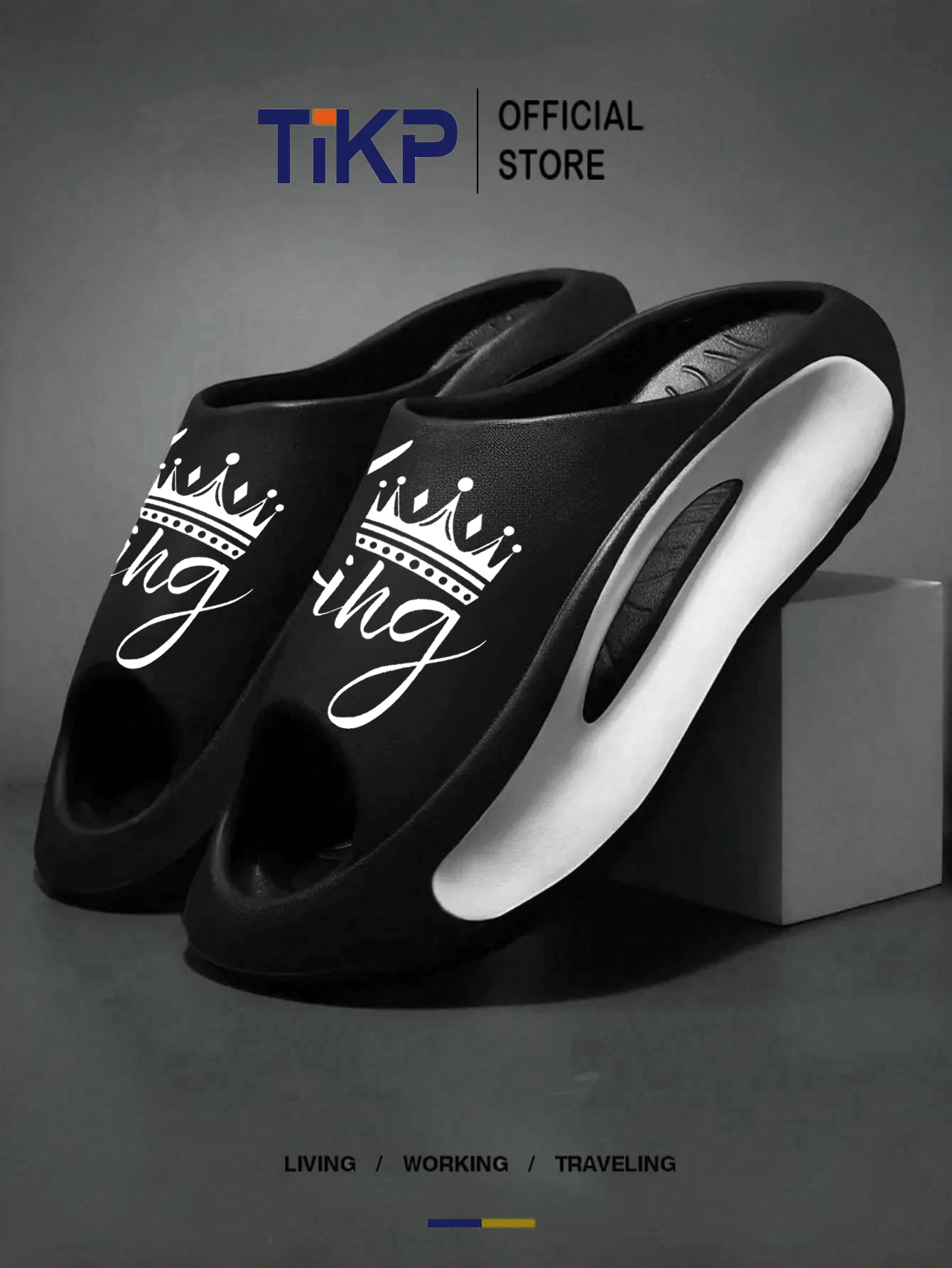 TIKP 男士EVA厚底软底舒适露趾拖鞋，户外休闲时尚凉鞋，沙滩人字拖 - 黑色KING - 查看 1