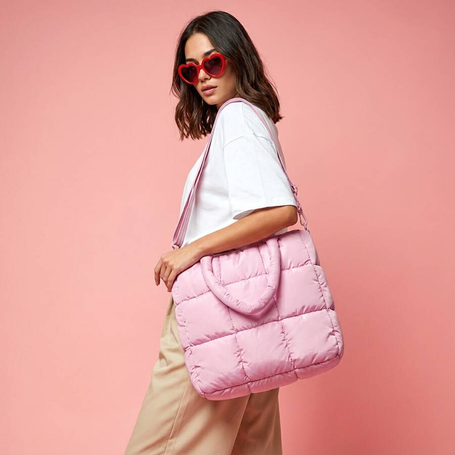 Large Striped Oversized Puffer Travel Bag By Blendibox - Màu Hồng baby - Xem 1