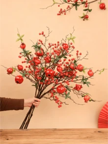 Artificial Pomegranate Floral Decor - Red Berry Branches, Dark Stems, Maintenance-Free, Suitable For Home, Office, Christmas, Halloween, Wedding And Party Decorations - Durable Autumn/Winter Harvest Theme Decor, Stylish Display, Realistic Berries, Designer-Level Decoration.