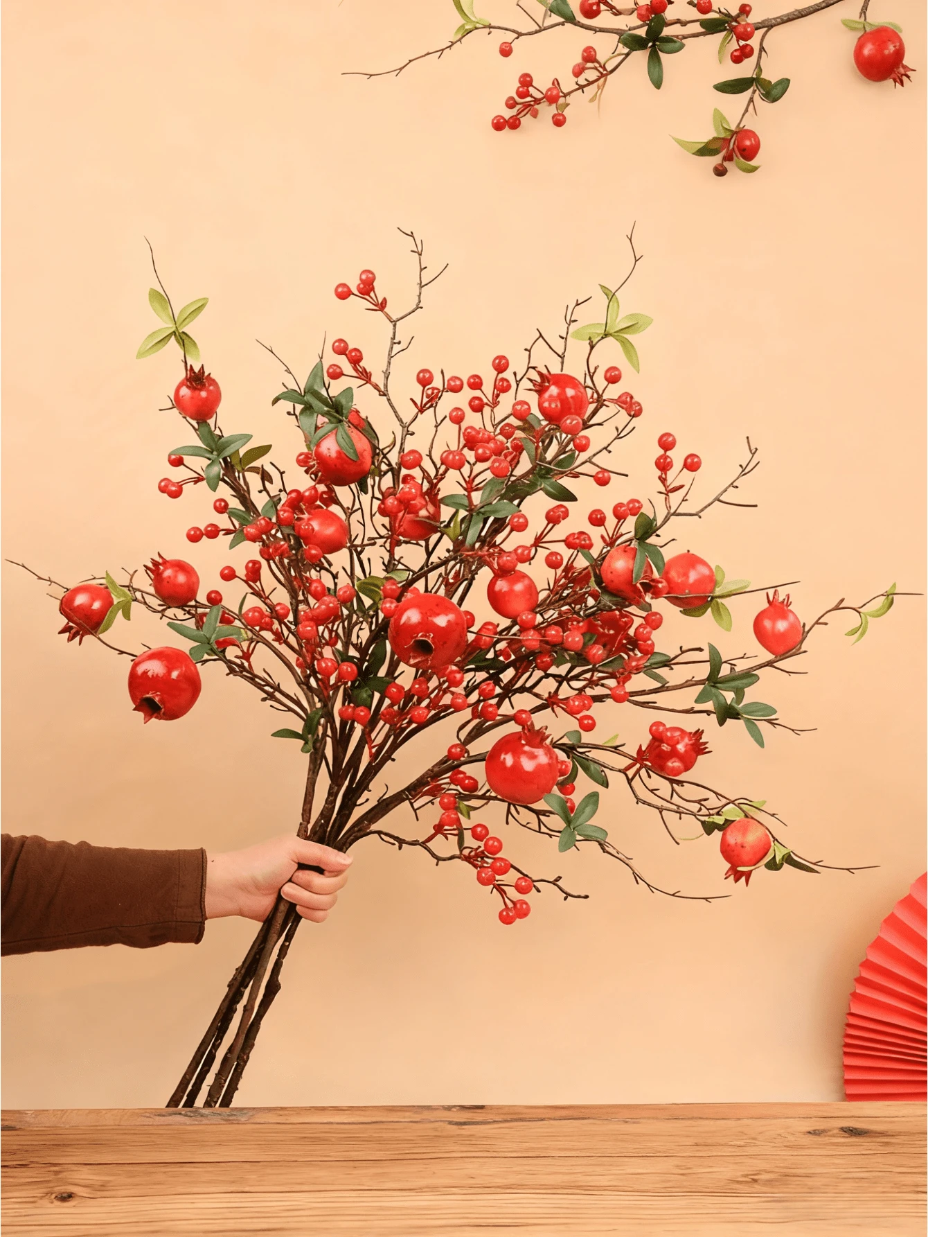 Artificial Pomegranate Floral Decor - Red Berry Branches, Dark Stems, Maintenance-Free, Suitable For Home, Office, Christmas, Halloween, Wedding And Party Decorations - Durable Autumn/Winter Harvest Theme Decor, Stylish Display, Realistic Berries, Designer-Level Decoration.