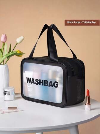 1个大容量PU磨砂防水洗漱包，时尚化妆品收纳包 – 耐用防水PU皮革材质，带磨砂透明窗口，内部空间宽敞，侧面设有网袋，加固提手，非常适合收纳护肤品、化妆品和旅行必备品，是旅行、日常使用和梳妆台的理想之选。