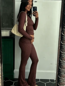 Conjunto Para Mujer Polka Dots Long Sleeve Crewneck Tee Tops And Fold Over Elastic Waist Pants Set Spring Lounge Outfit - nâu nhạt - Xem 7