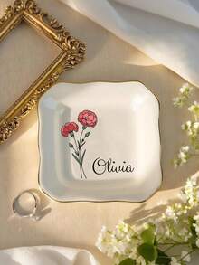 Bandeja de Joias de Cerâmica Personalizada com Flor de Nascimento, Prato de Anel com Flor em Aquarela Personalizado, Presente de Proposta para Madrinha, Bandeja de Organização de Penteadeira - Multicolorido - Visão 3