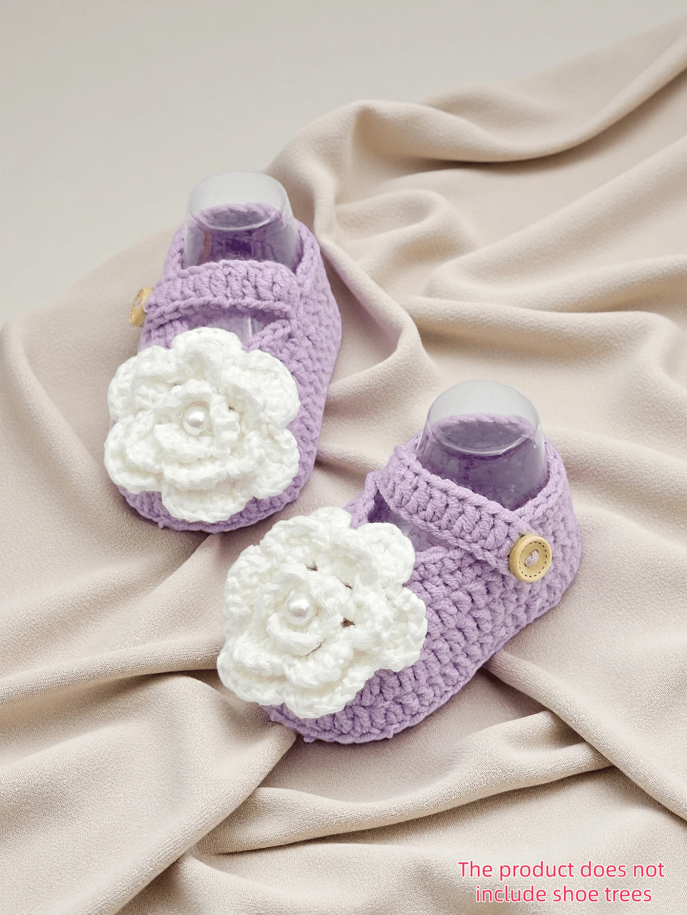 1 par de zapatos hechos a mano para bebé, de ganchillo verde con flor blanca, con cierre de botón - Púrpura malva - Ver 1