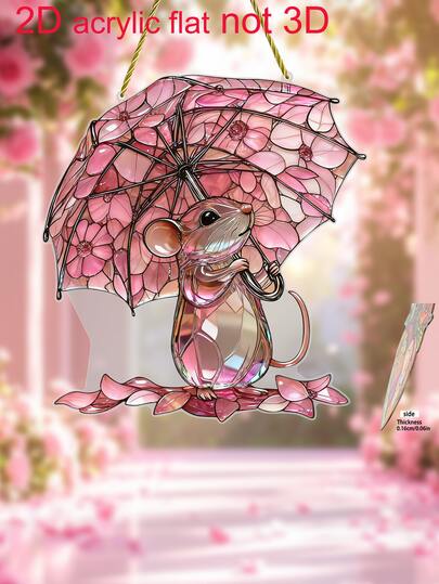 1pc 2D Cute Pink Mouse Umbrella Window Decor, Acrylic Sunlight Catcher, Romantic Theme Holiday Decoration, Suitable For Home, Cafe, Office Decor, Ideal Gift For Valentine's Day, Anniversary, Wedding