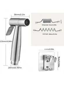1 Set Stainless Steel Toilet Bidet Sprayer, Includes Bidet Sprayer, Hose, Adhesive Shower Holder, 1-To-2 Angle Valve, Pet Cleaning Sprayer, Handheld Toilet Cleaner, Pressurized Water Gun, Telephone Cord Hose Bathroom Bathroom Accessories Bathroom Tools - Silver - View 2