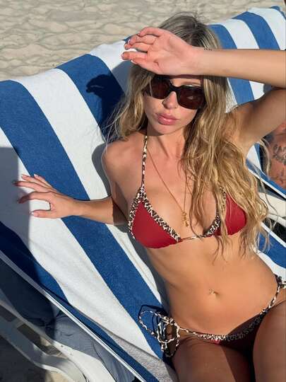 两件套几何与热带花卉印花休闲可爱优雅性感波西米亚风系带比基尼泳装套装，女士海滩度假装，春夏款