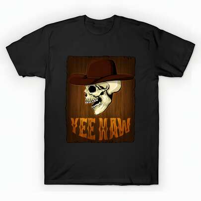 Cowboy - Yee Haw  Country Style Skull In A Cowboy Hat T-Shirt unisex de la de algodón puro de alta densidad de 220 g. C-AmiS-eta activa para mujer de - AL-Godón C-AmiS-eta 22602 % aL-Godón que se A-DAPTA a tu día Apto para todo tipo de perS-onas, ya sean mujeres o hombres Tejido duradero de alta C-Alidad apto para todas las estaciones, suave al tacto pero diseñado para durar Tops transpirables Conjuntos de otoño para mujer Conjuntos de vaC-Aciones para mujer Disfraz de Halloween para mujer