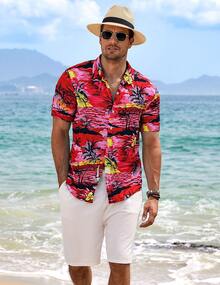 Hawaiian Shirt For Man Short Sleeve Button-Down Vintage Tropical Floral Print, Lightweight Breathable Summer Beach Shirt For Casual Vacation - B - Xem 4
