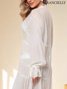 Long-Sleeved White Dress With Lace Detailing, Versatile And Elegant, One Size Fits 38-42. - Blanco - Ver 2