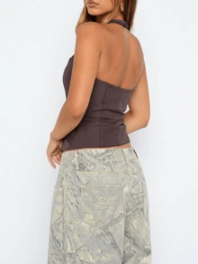 Women's Y2K Halter Neck Square Neck Backless Tank Top Ruched Side Slit Hem Fitted Cropped Blouse Casual Daily Outfit - Dark Brown - View 4