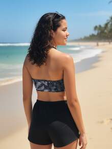 Three-Piece Bikini Set With Loose-Fitting, Lightweight Shorts, Perfect For Teens, Beach And Pool, With A Tropical Foliage Print. Lavin Basic. - 黑與白 - 查看 7