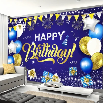 1件蓝色生日派对背景横幅，设计有蓝色背景、丝带、气球、礼物等元素，适用于排队装饰、生日派对装饰、庭院、花园装饰、摄影背景装饰等。