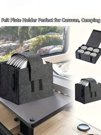 1个毛毡厨房用具收纳架：便携式餐盘/杯架，适用于房车、露营和野餐——耐用毛毡材质，分隔式设计，加固提手，有效防止餐具/杯子刮花，轻便可折叠，是房车旅行、户外探险和居家厨房收纳的理想之选。