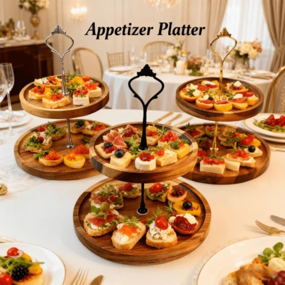 Bandeja de exhibición de madera de alta calidad de varios niveles - Soporte para pasteles, bandeja de servir, apta para postres, aperitivos, frutas secas y dulces, almacenamiento de cocina de moda, perfecta para decoraciones de mesa elegantes, accesorios de cocina, decoración de Ramadán, decoración navideña, fiestas, picnics, patios, centros de mesa, bandeja de cocina, acabado de madera natural, bandeja de madera, suministros de cocina, repostería