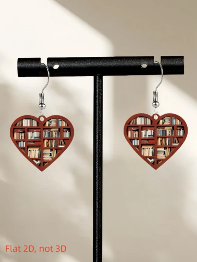 2D Heart Book Pendant Earrings, Fashionable And Elegant, Flat Acrylic Double-Sided Printed, Suitable For Women's Daily And Party Wear, Back To School, Graduation, Valentine's Day Gifts For Teachers And Students