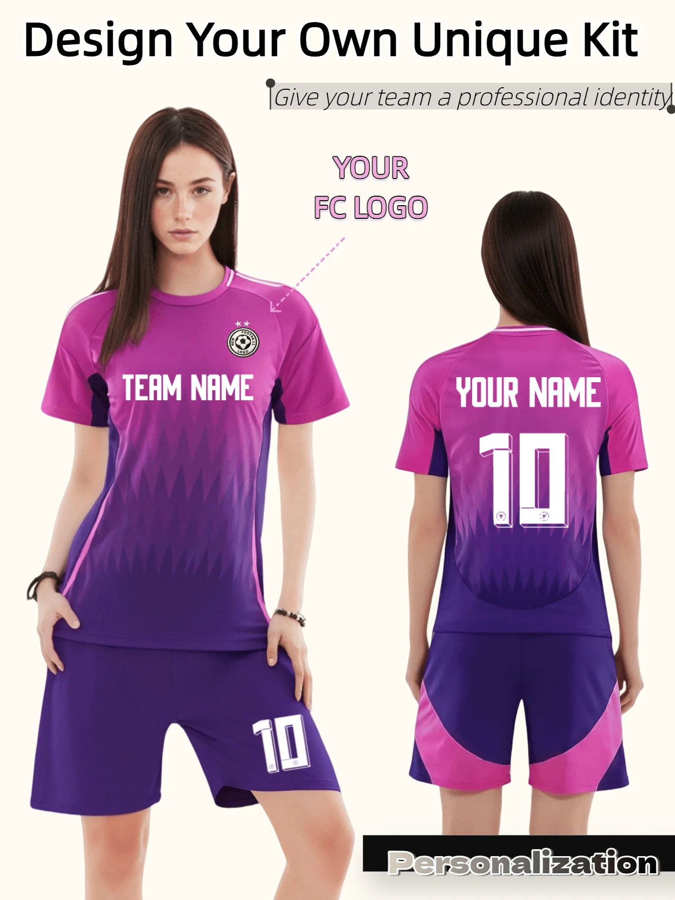 2pcs/Set Customized Women's Soccer Jersey - Personalized Name & Number Print Short Sleeve T-Shirt + Shorts Set Quick-Dry Sports Suit German Football Club Uniform Customized Gift For Women - Purple - View 1