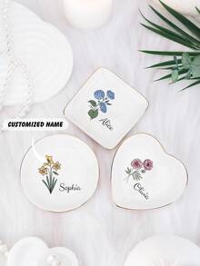 Bandeja de Joias de Cerâmica Personalizada com Flor de Nascimento, Prato de Anel com Flor em Aquarela Personalizado, Presente de Proposta para Madrinha, Bandeja de Organização de Penteadeira - Multicolorido - Visão 5