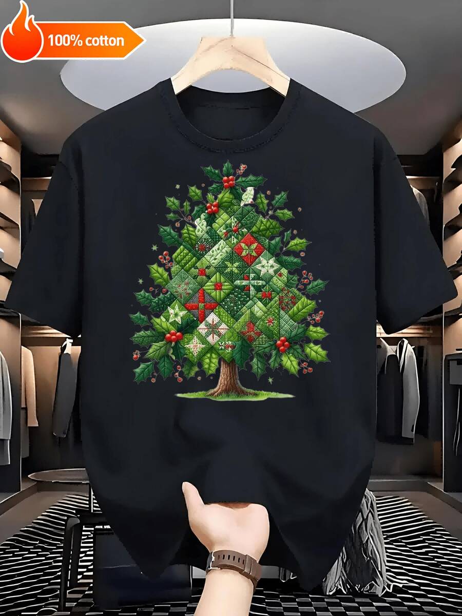 Retro Festivo Estampado Árbol Navideño con Diseño Rojo/Verde Negro y Blanco Manga Corta - Suave Transpirable Algodón% 220g Ajuste Libre Camiseta Unisex Tallas S-3XL para Fiestas Navideñas Ocio Diario Regalo - Negro - Ver 1
