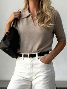 GIGOGOU Women's Soft Knit Short Sleeve Turtleneck Sweater Top, Comfortable & Casual, Spring/Summer - Khaki - View 3