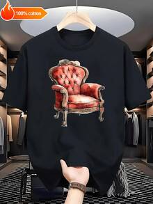 Masculino Elegante Estampado Silla de Brazo Roja Negro y Blanco Manga Corta - Suave Algodón% 220g Ajuste Libre Camiseta Unisex Tallas S-3XL para Todo el Año Ocio Diario - Negro - Ver 6