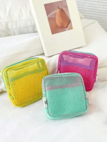 1pc Dopamine Mesh Tofu Cosmetic Bag Coin Purse Lanyard Needs To Be Ordered Separately, Randomly Sent, Portable Breathable Cosmetic Lipstick Storage Bag, Makeup Bag, Portable Travel Bag, Coin Purse, Lipstick Bag, A Small Holiday Gift For Girls, Highly Attractively Storage - Multicolor - View 5