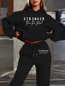 Stronger Than The Storm Decorative Text Print Two-Piece Set, Long Sleeve Drawstring Hoodies Sweatshirt & Drawstring Jogger Sweatpants Outfits, Women's Clothing Overseas Printing - Mạnh hơn cơn bão - Xem 1