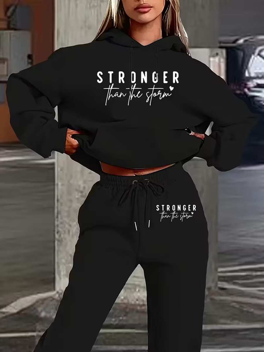 Stronger Than The Storm Decorative Text Print Two-Piece Set, Long Sleeve Drawstring Hoodies Sweatshirt & Drawstring Jogger Sweatpants Outfits, Women's Clothing Overseas Printing - Mạnh hơn cơn bão - Xem 1