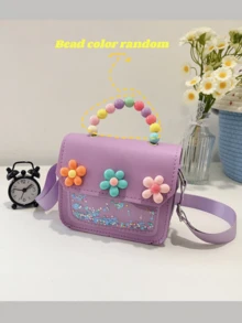 1pc Multi-Color Cute Floral & Pearl Decor Handbag, Student Shoulder Bag, Card/Coin Purse, Suitable For School, Commute, Gift, Daily Matching - Purple - View 5