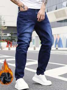 男士保暖修身深洗蓝色牛仔裤，秋冬 - 深色水洗藍 - 查看 3