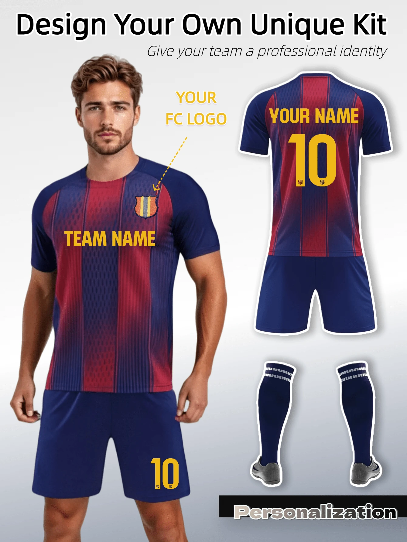 2pcs/Set Customizable Adult Soccer Jersey & Shorts Set - Personalized Name/Number, Quick-Dry Fabric - Red & Blue, 25/26 Season Barcelona Fan Edition, Match Day Gift, Halloween, Thanksgiving, Christmas & New Year Gift - Blue - View 1