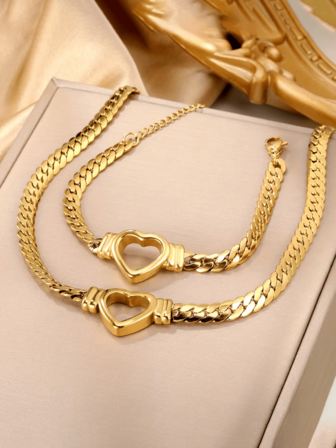 1套时尚防水不锈钢首饰套装，奢华心形链条项链手链套装，适合女性日常佩戴，派对首饰礼品。