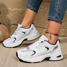 American Retro Contrast Color Running Shoes, Mesh Breathable, Thick Bottom Cushioning, Campus, Street, Daily Wear Template, Running Shoes To Grasp The Relaxation Feeling, 5cm High Casual Shoes - 藍 - 查看 4