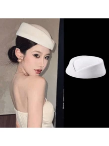 1pc Solid Color Wool Beret Hat, Elegant High-End French Style White Fascinator Hat, Suitable For Wedding, Party, Flight Attendant, New Fashion Accessory For Women