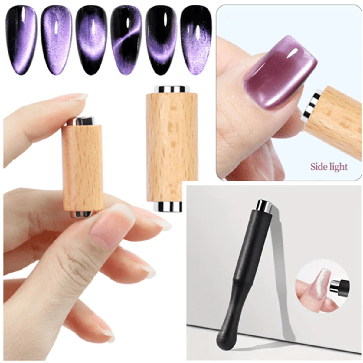 2件装新款木纹防脱落强磁猫眼指甲油组合，特制圆柱形强磁力铁磁铁美甲贴片 - 彩色 - 查看 1