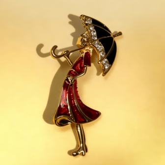 1件装 时尚女孩撑伞胸针 珐琅卡通胸针别针 新款时尚珠宝配饰 胸针 水晶胸花 日常配饰