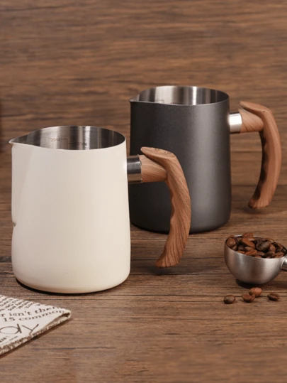 1pc Milk Frothing Pitcher With Wooden Handle, Latte Art Cup, Milk Frother, Steam Milk Jug, Stainless Steel, Wooden Handle, Durable, Easy To Clean, With Measurement Markings, Precise Spout, Non-Slip, Heat-Resistant, Suitable For Home Coffee, Coffee Shops, Kitchen, Back-To-School Season, For Making Espresso, Latte, Cappuccino. Stainless Steel Milk Frother With Measurement Markings, Precise Pour Spout Milk Jug