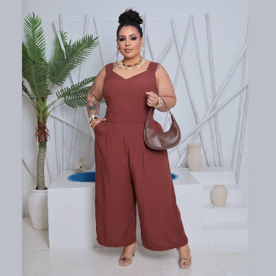 Plus Size Jumpsuit, Oversized Style For Women - Rust Brown - View 1