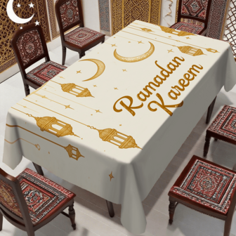 1/20 piezas Mantel de Ramadán, patrón de linterna dorada y luna creciente, tela de poliéster, decoración de festival islámico, adecuado para el hogar, la cocina, fiestas al aire libre, decoración de restaurantes