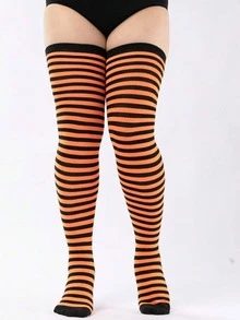 1 Pair Plus Size Women's Striped Thigh High/Over The Knee Socks, Plus Size Women's Striped Mid-Calf Socks/Thigh High Socks, Suitable For Halloween, Christmas Party, Cosplay, Sports, Leg Shaping XZ6W - Đen và Trắng - Xem 4