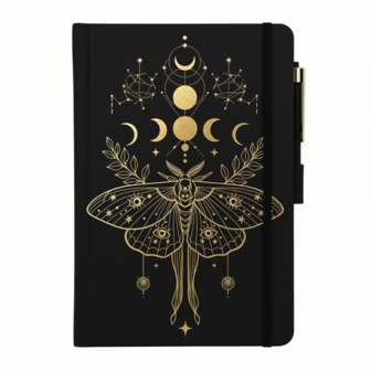 Diario de la Polilla Lunar Mística - Cuaderno forrado con cubierta dura de piel sintética con arte celestial dorado, diario estético A5 para escribir, dibujar y reflexiones diarias, registro de sueños y regalos espirituales