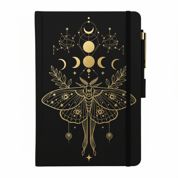 Mysterious Moth Diary - PU Leather Hardcover Notebook, Adorned With Golden Starry Sky Art Pattern, A5 Size, Elegant And Practical, Suitable For Writing, Sketching, Daily Reflection, Dream Recording, And Spiritual Gifting.